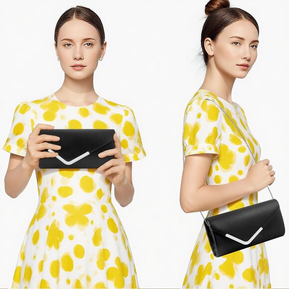 Women Black Trendy Clutch Purses Evening Fashion Envelope Cross-Body Handbags - Picture 2 of 7